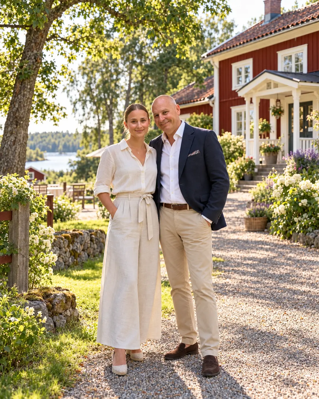 Fredrik och Moa Sporrenklint framför det röda trähuset med blommande trädgård i Sörmland