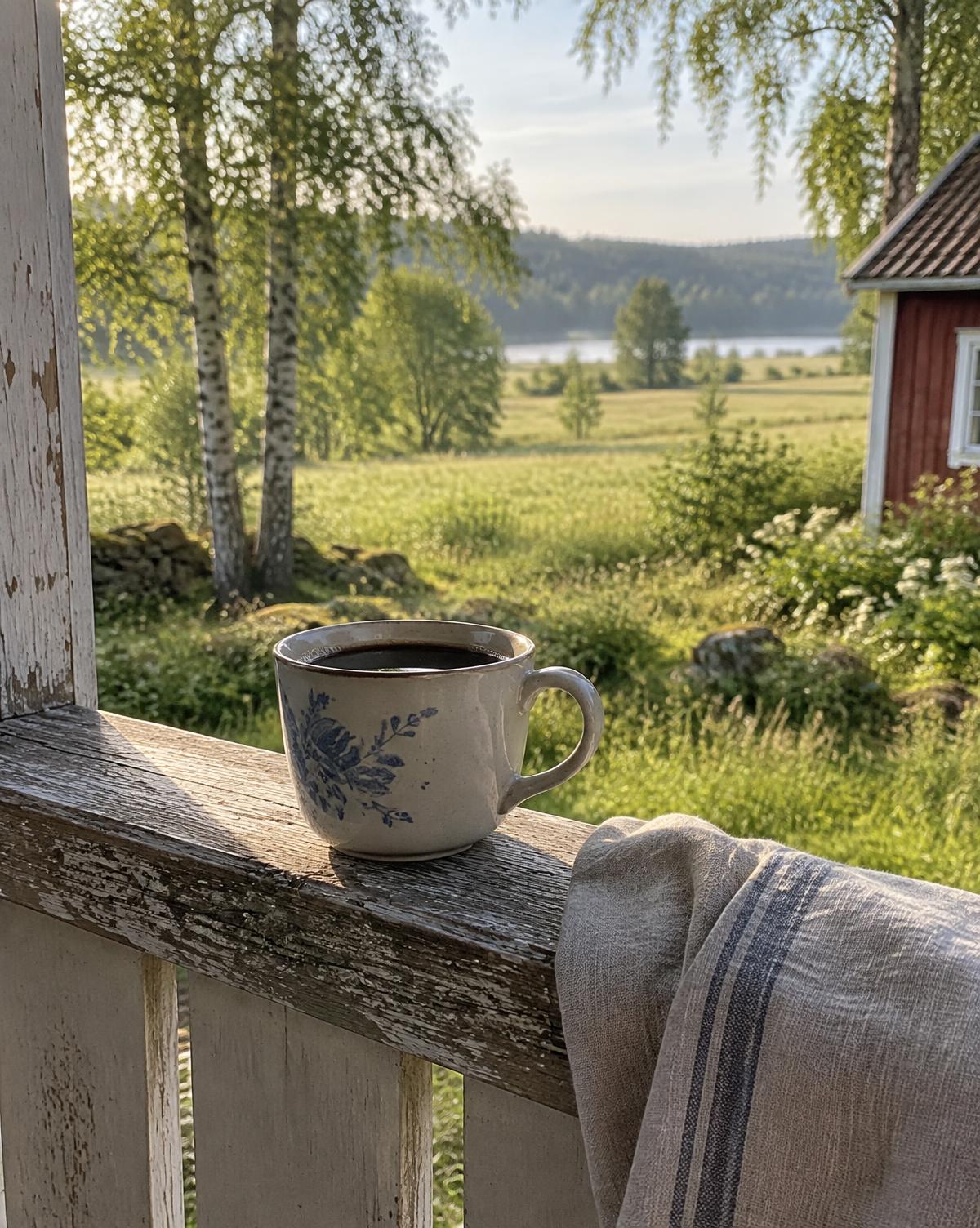 Kaffekopp på ett gammalt verandaräcke i morgonsol