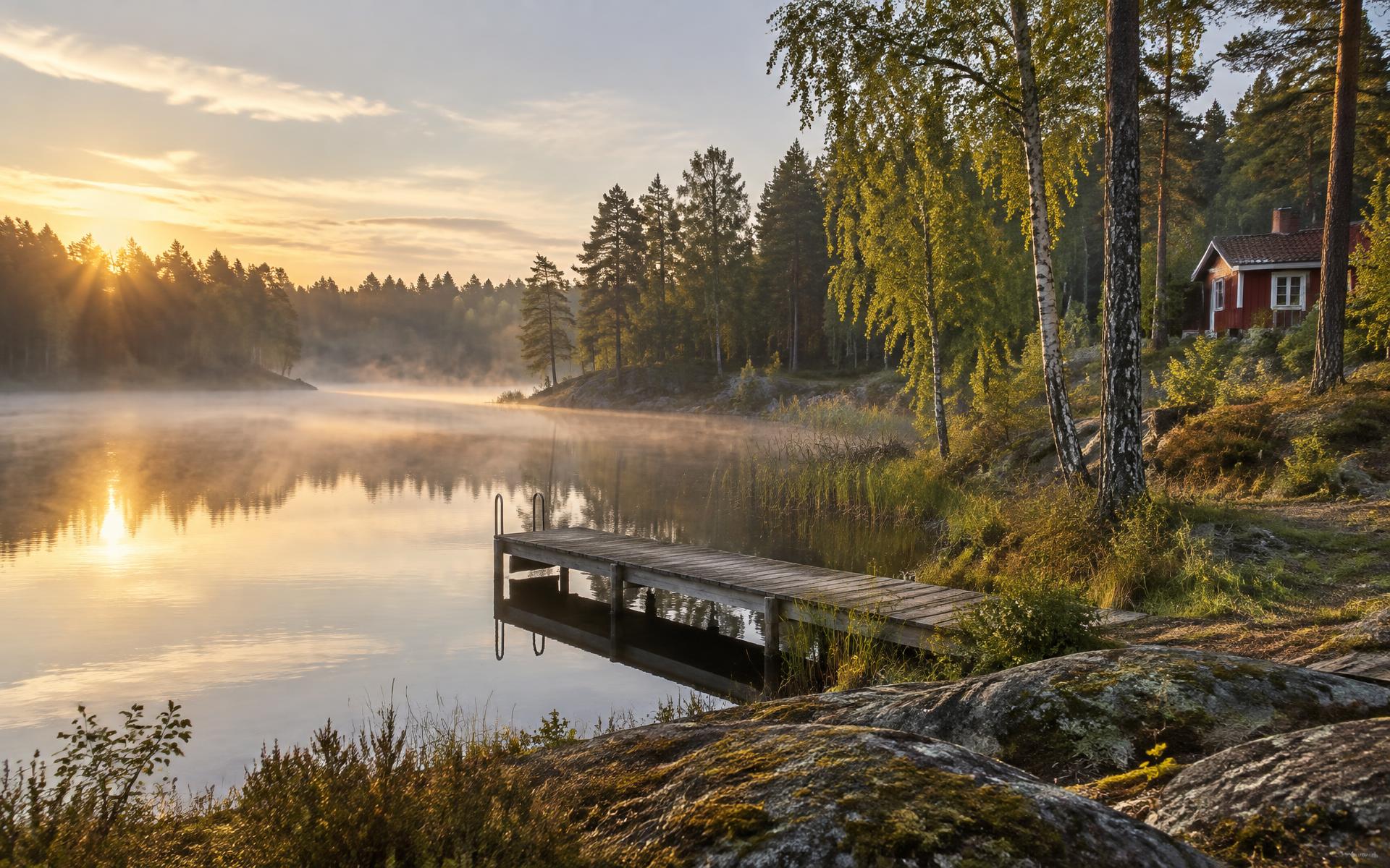 Dimma över en sjö i Sörmland med brygga och rött trähus i morgonljus