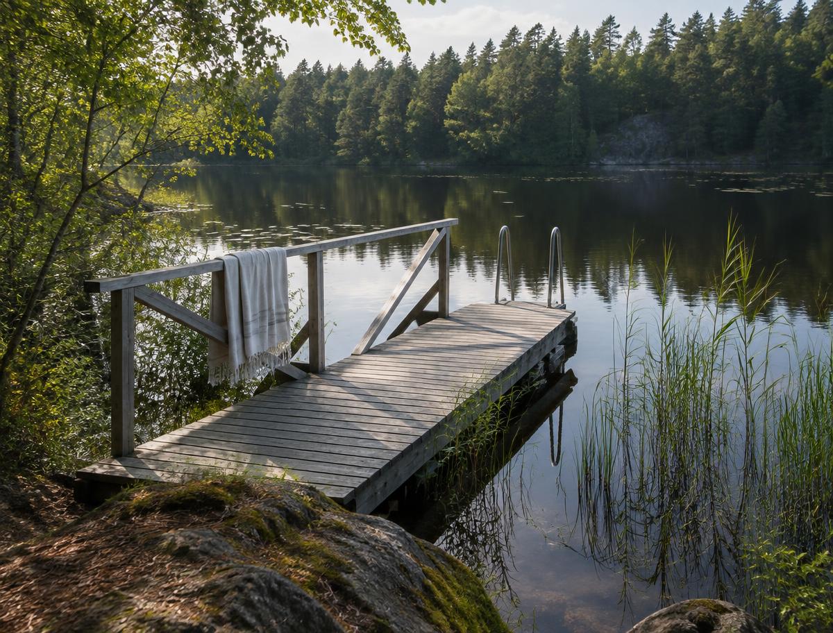 Träbrygga vid stilla skogssjö