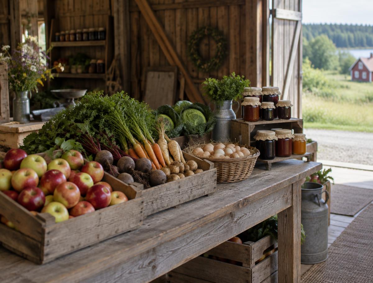 Gårdsbutik med grönsaker och sylt i en lada
