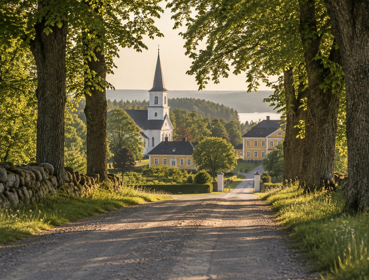 Allé med lindar mot vit kyrka och gula gårdshus