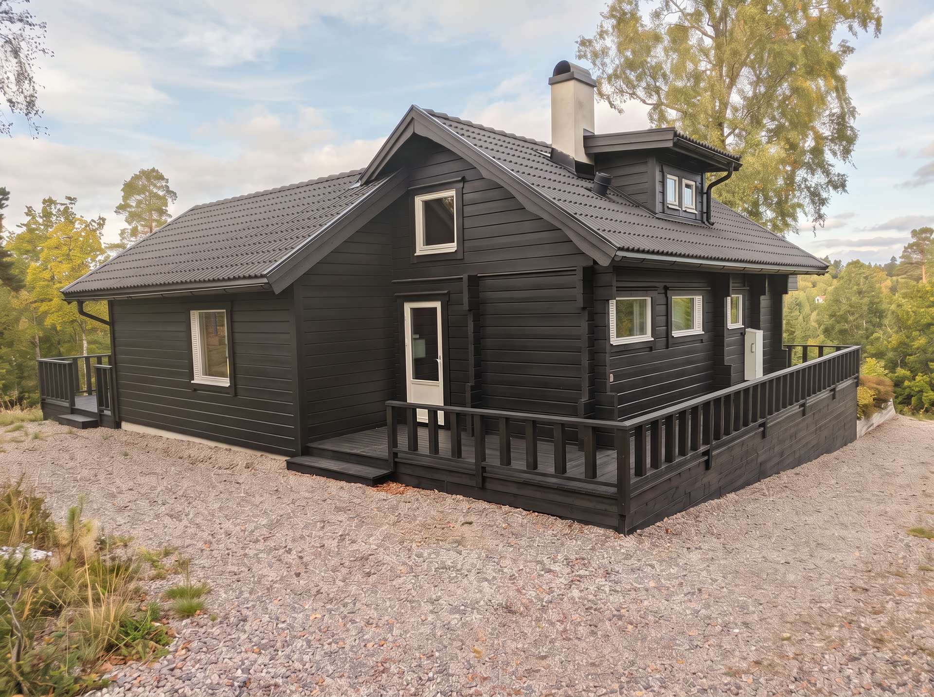 Svartmålat trähus med nytt tak, skorsten och altan