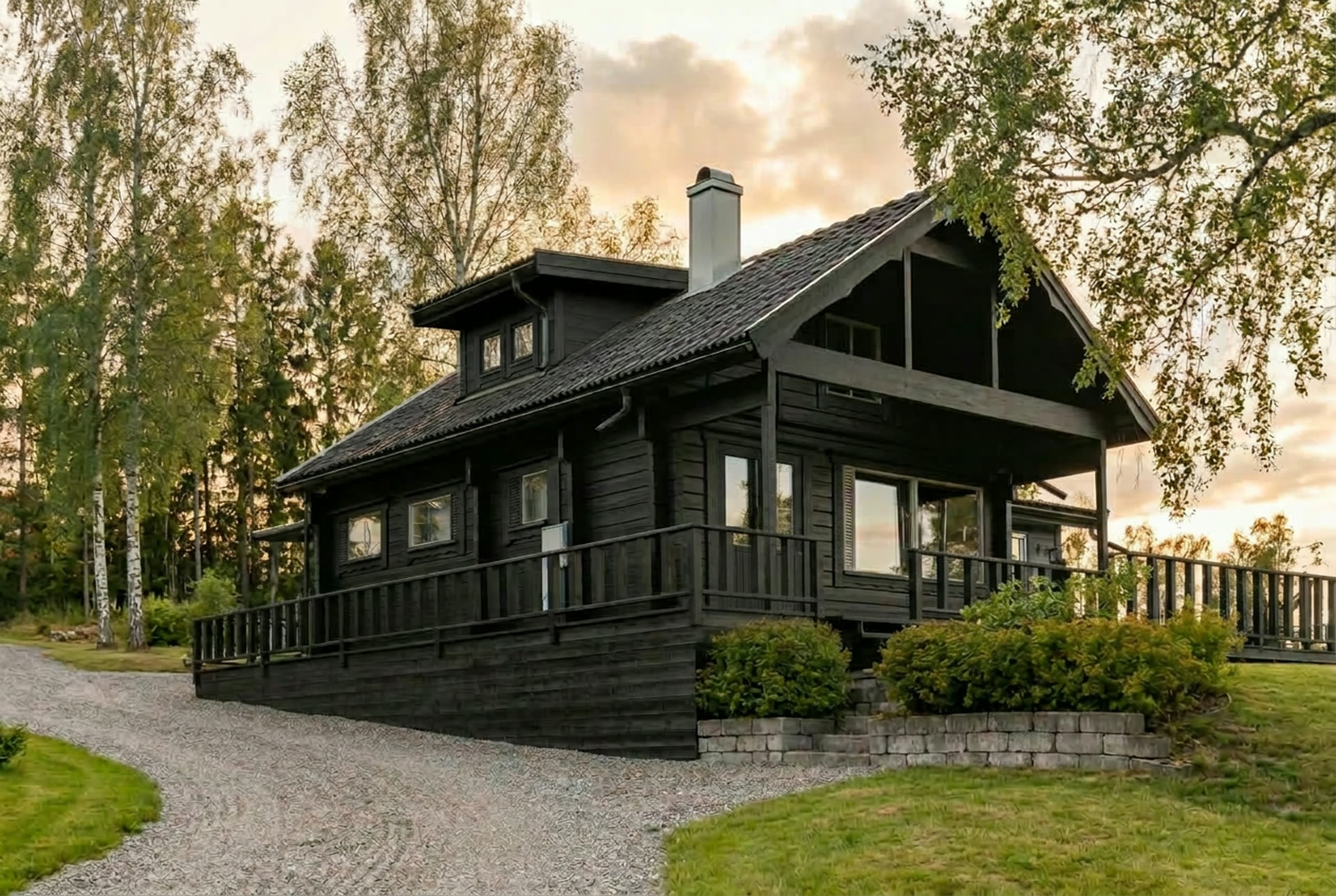 Svartmålat trähus i kvällsljus, sett från grusuppfarten