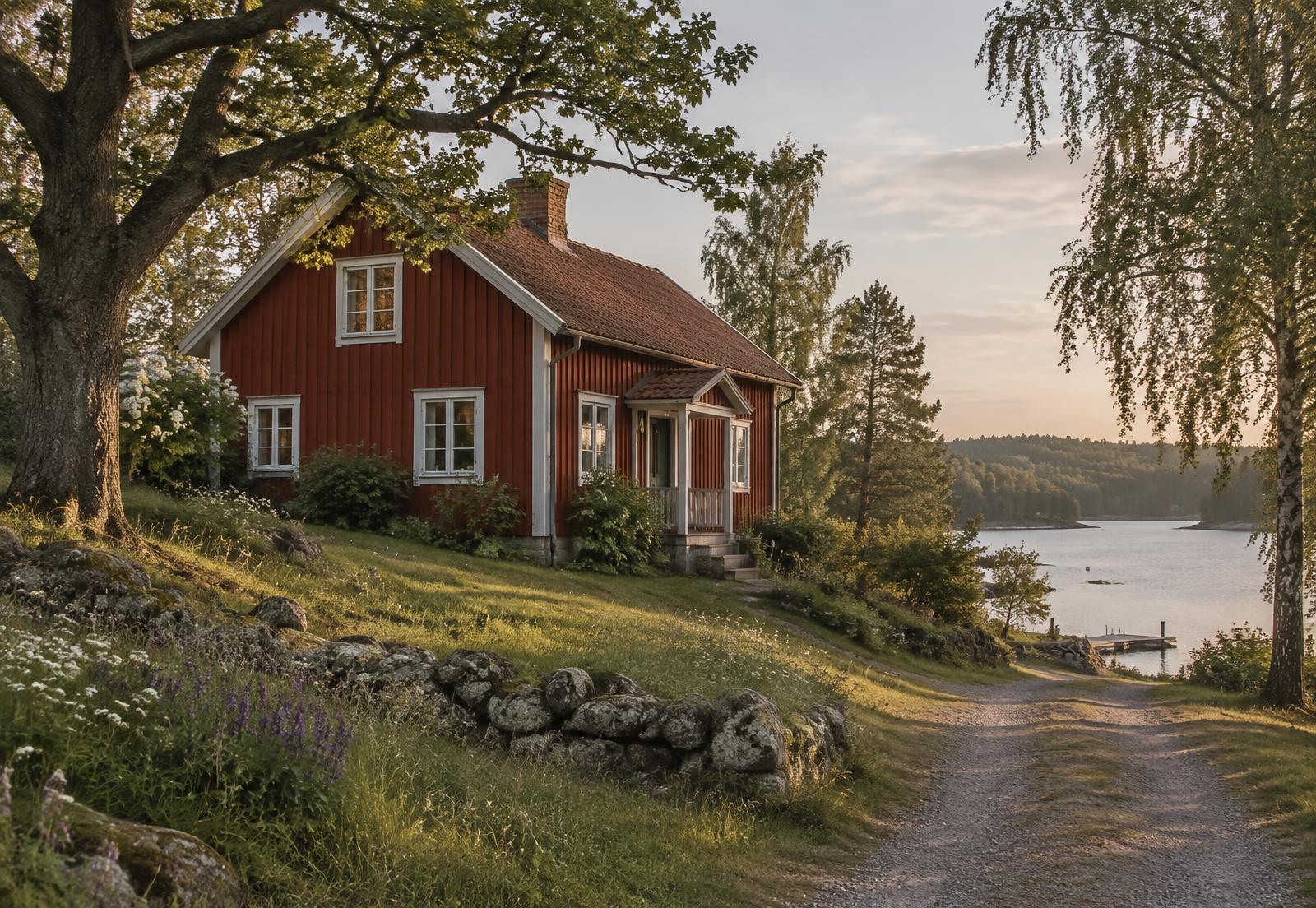Rött trähus på en slänt nära sjön i Orrhammar